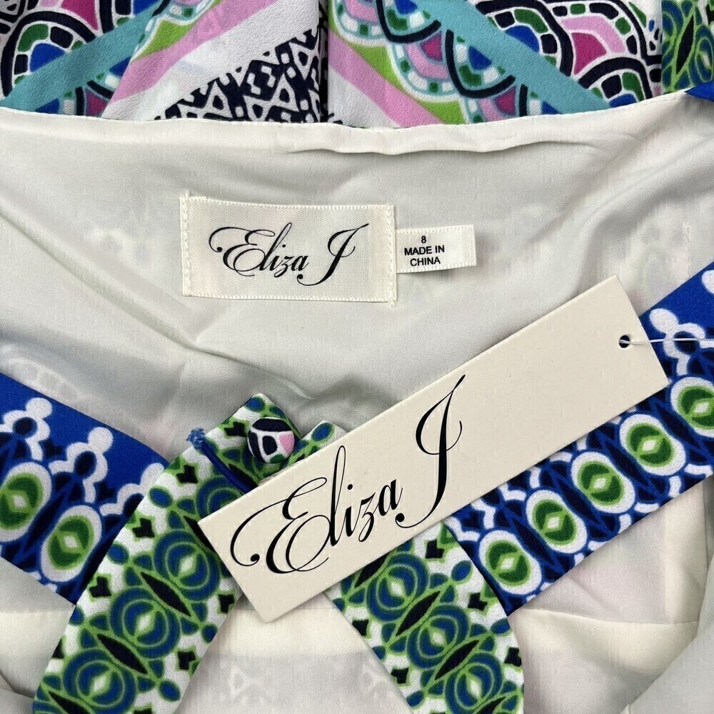 NWT Eliza J scarf Print Asymmetric Midi Dress size 8 Teal Vacation boho - Picture 5 of 15
